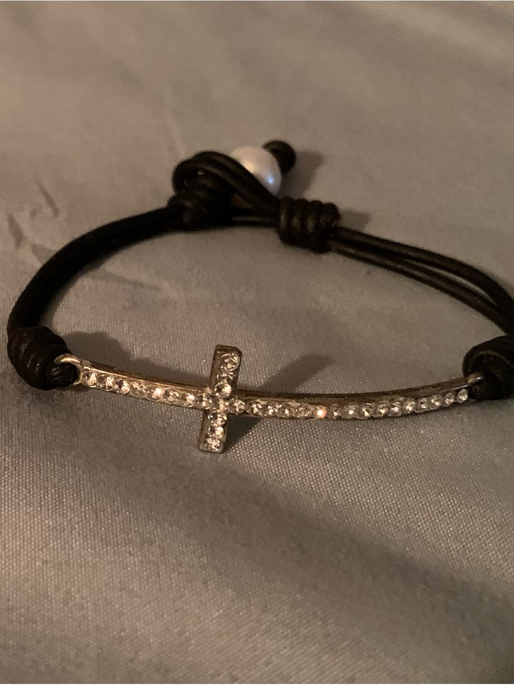 Crystal Cross Leather Cord and genuine Pearl Bracelet - Black